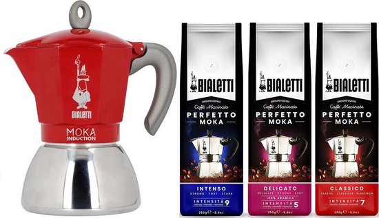 Bialetti Moka Inductie Rood 4 Kops 150Ml Bialetti Koffie Proefpakket 3 X 250Gr